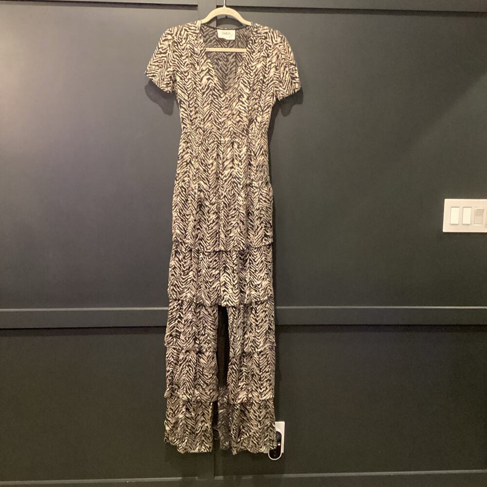 BA&SH Zelie Tiered Satin long Maxi Dress Animal Print Black White V neck 6 - Picture 3 of 9